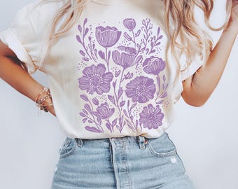 Purple Wildflower Comfort Colors T-Shirt, Boho Floral Line Art Tee