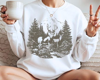 Vintage Deer Forest Crewneck Sweatshirt, Retro Mountain Wildlife Nature Scene