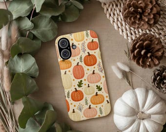 Autumn Pumpkin Pattern Slim Phone Case | Fall Leaves, Orange & Cream Pumpkins
