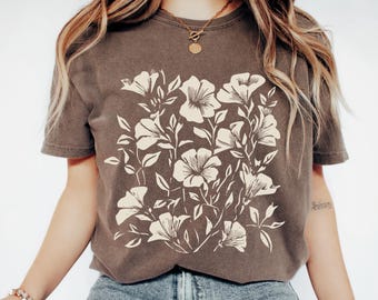 Vintage Linocut Flower Shirt: Comfort Colors® Boho Hawaiian flowers tee