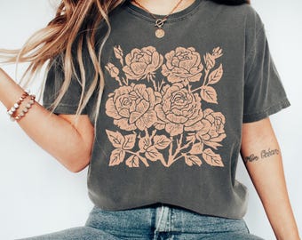 Vintage Linocut Roses Shirt: Comfort Colors® Boho pressed flower tee
