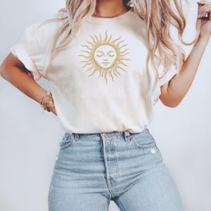 Comfort Colors® golden sun with face shirt, Spiritual sun tshirt, Celestial graphic tee, Sunshine t-shirt, Gift for her, Women&#39;s summer tee