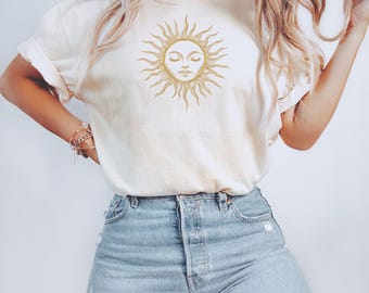 Comfort Colors® golden sun with face shirt, Spiritual sun tshirt, Celestial graphic tee, Sunshine t-shirt, Gift for her, Women&#39;s summer tee