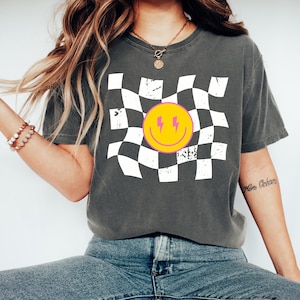 Retro smiley face Comfort Colors® tshirt, Vintage happy face shirt, Cute smile face tee, Boho shirt for women, Women&#39;s graphic tshirt