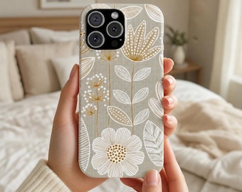 Neutral Botanical Floral Pattern Slim Phone Case | Beige White Gold Flowers