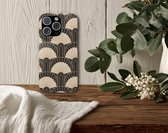 Art Deco Fan Pattern Slim Phone Case | Vintage Geometric Black Beige