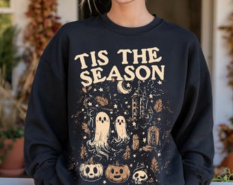 Tis The Season Ghosts Halloween Sweatshirt, Vintage Pumpkin Pullover, Spooky Design Crewneck