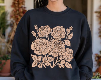Sudadera vintage con rosas grabadas en linóleo: jersey bohemio con flores prensadas, suéter con silueta floral.