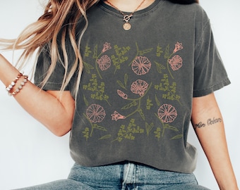 Floral Pattern Comfort Colors Tee, Green & Pink Boho Shirt