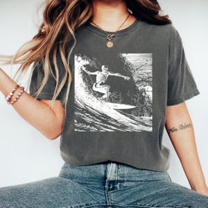 Skeleton surfer shirt, Comfort Colors tee for sufers, Surfing Gift for Her, Surf board T-shirt, Gift for surfer, Ocean vibes tshirt