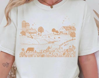 Minimalist Farm Scene T-Shirt, Tattoo Style Line Art, Comfort Colors® Tee