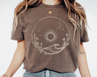 Comfort Colors Sun Moon Stars Ocean Shirt, Abstract Tattoo Style Graphic Tee