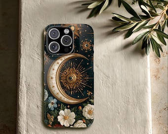 Celestial Crescent Moon Slim Phone Case | Floral Night Sky