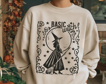 Vintage basic witch sweatshirt, Witchy Halloween crewneck, Spooky design crewneck