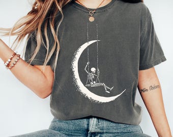 Comfort Colors Skeleton Moon T-Shirt, Spooky Graphic Tee