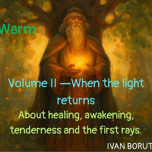 Puede incluir: Ilustración artística de una figura anciana con una larga barba blanca, sosteniendo un orbe brillante. La imagen tiene texto que dice "Warm", "Volume II - When the light returns" y "About healing, awakening, tenderness and the first rays."