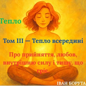 Puede incluir: Ilustración de una persona meditando en posición de loto, con los ojos cerrados y una expresión serena. La obra presenta tonos cálidos de amarillo, naranja y marrón. Texto en ucraniano superpuesto.