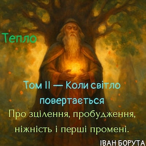 Puede incluir: Imagen artística de un anciano con larga barba blanca y una luz brillante que emana de sus manos. La imagen contiene texto en ucraniano, incluyendo "Calor" y "Volumen II - Cuando la luz regresa".