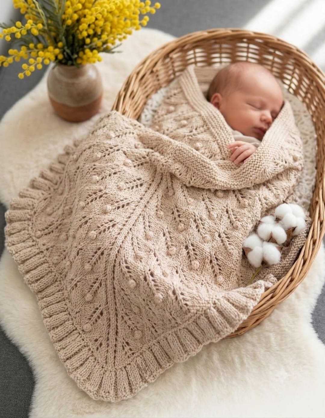 Back Knit Pattern Hand-knitted Baby Blanket With Leaf & Bobble Pattern | Beige Baby ...