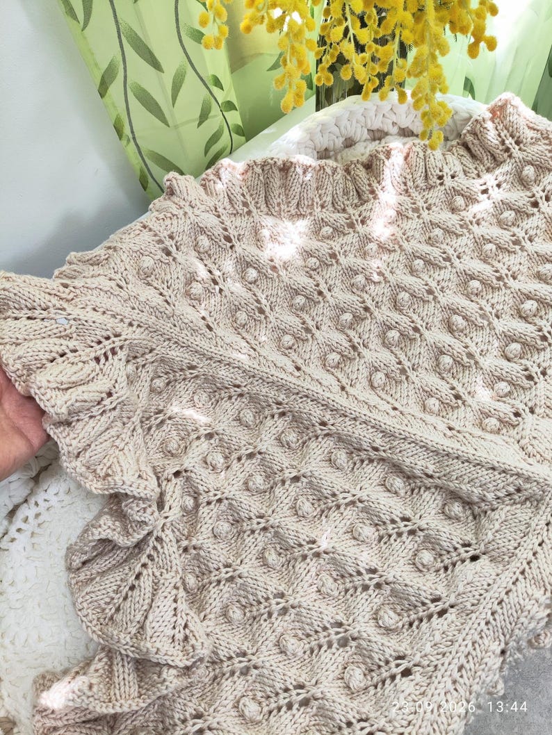 Back Knit Pattern Hand-knitted Baby Blanket With Leaf & Bobble Pattern | Beige Baby ...