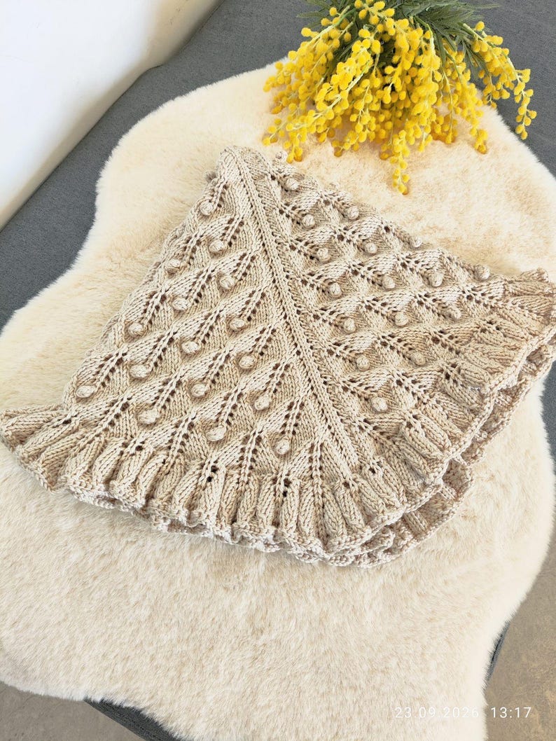 Back Knit Pattern Hand-knitted Baby Blanket With Leaf & Bobble Pattern | Beige Baby ...
