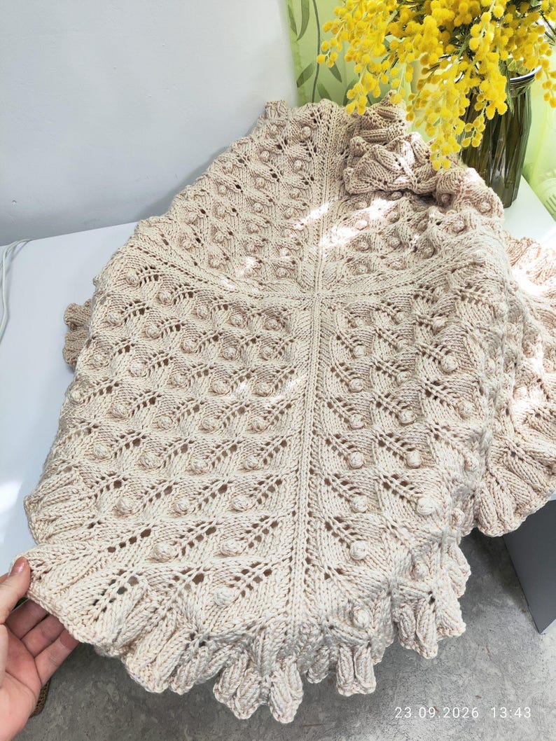 Back Knit Pattern Hand-knitted Baby Blanket With Leaf & Bobble Pattern | Beige Baby ...