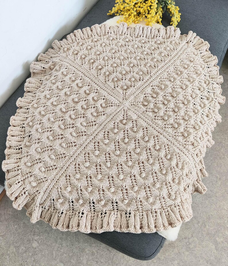 Back Knit Pattern Hand-knitted Baby Blanket With Leaf & Bobble Pattern | Beige Baby ...