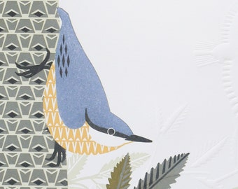 Lino Cut Nuthatch at Kew Gardens, Limited Edition Reduction Print