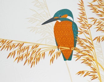 Kingfishers by the Canal Wood Cut Limited Edition Reduction Print