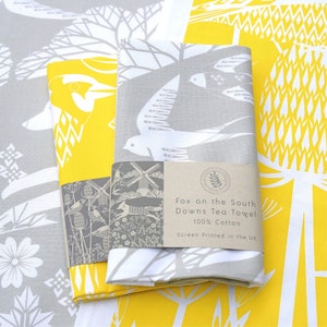 2 x Screen Printed Tea Towel Wall Art Hanger Goldfinches and Fox Designs