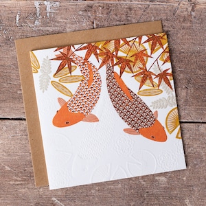 Carte de voeux poissons koi, carte de remerciement pour un anniversaire en relief à la main