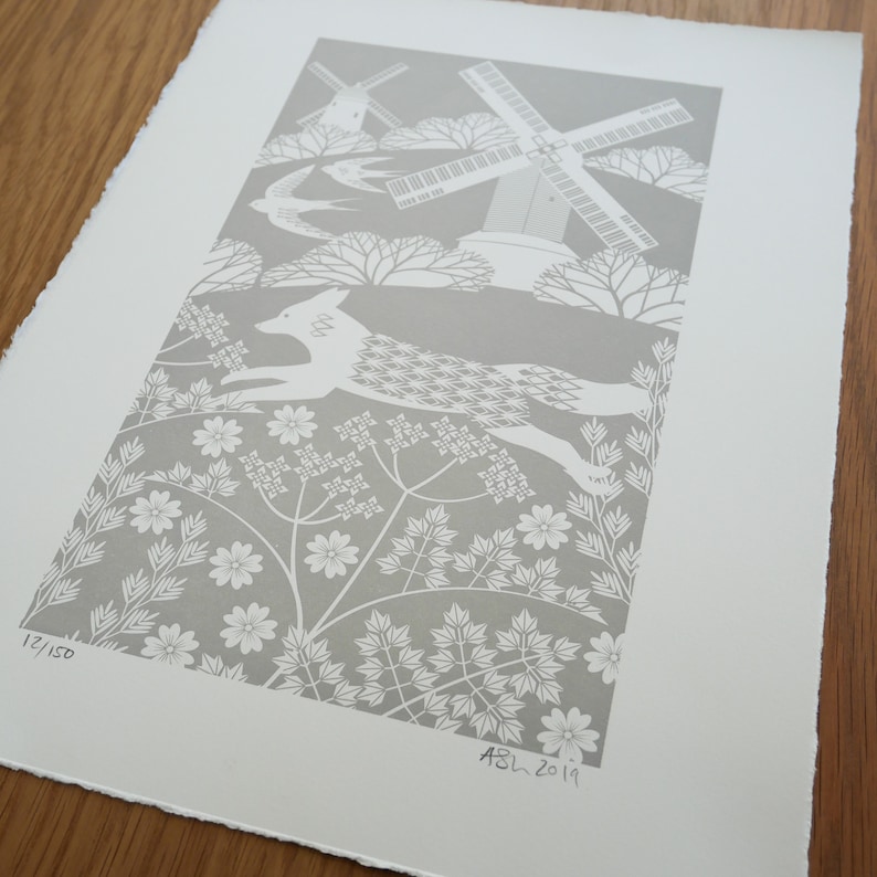 Fox on the Downs Light and Dark Grey Print Letterpress Blockprint Art image 8