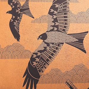 Bronze on Black Paper Red Kite Print Letterpress Art Blockprint