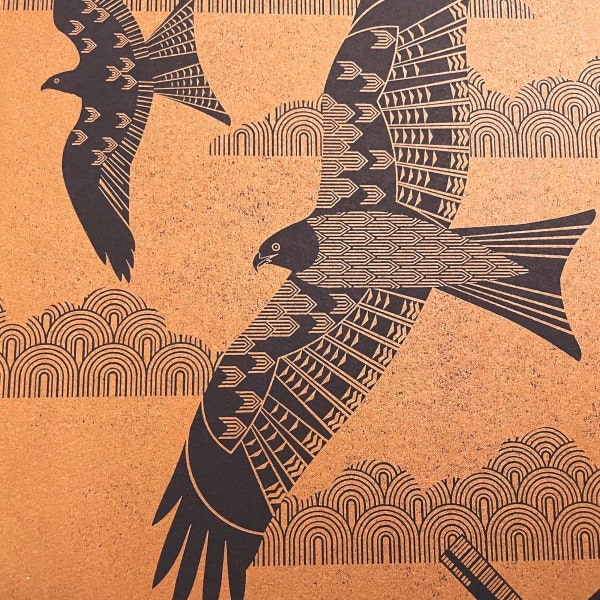 Bronze on Black Paper Red Kite Print Letterpress Art Blockprint