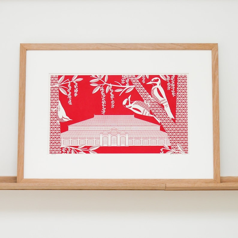 Woodpeckers at Kew Gardens Print Red Letterpress Block Art image 1