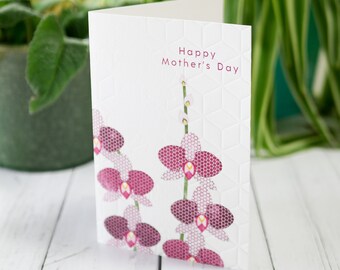 Mother's Day Card Purple Orchid Flower Plant Hand Embossed