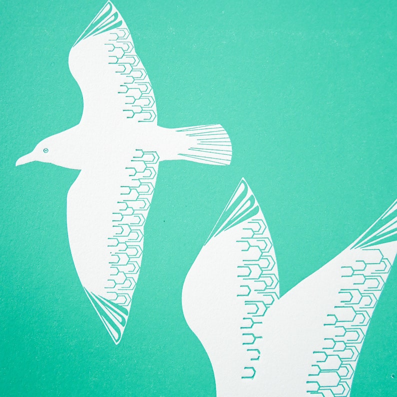 Turquoise Seagulls Flying over Brighton Pier Letterpress Block Print image 6