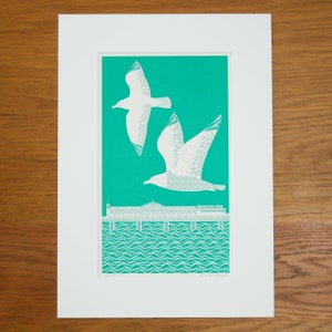 Turquoise Seagulls Flying over Brighton Pier Letterpress Block Print image 4