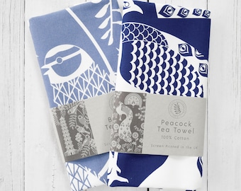 2 x Tea Towel Set Screen Printed Blue Navy Birds