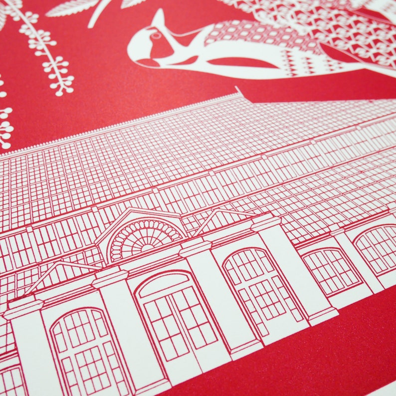 Woodpeckers at Kew Gardens Print Red Letterpress Block Art image 2