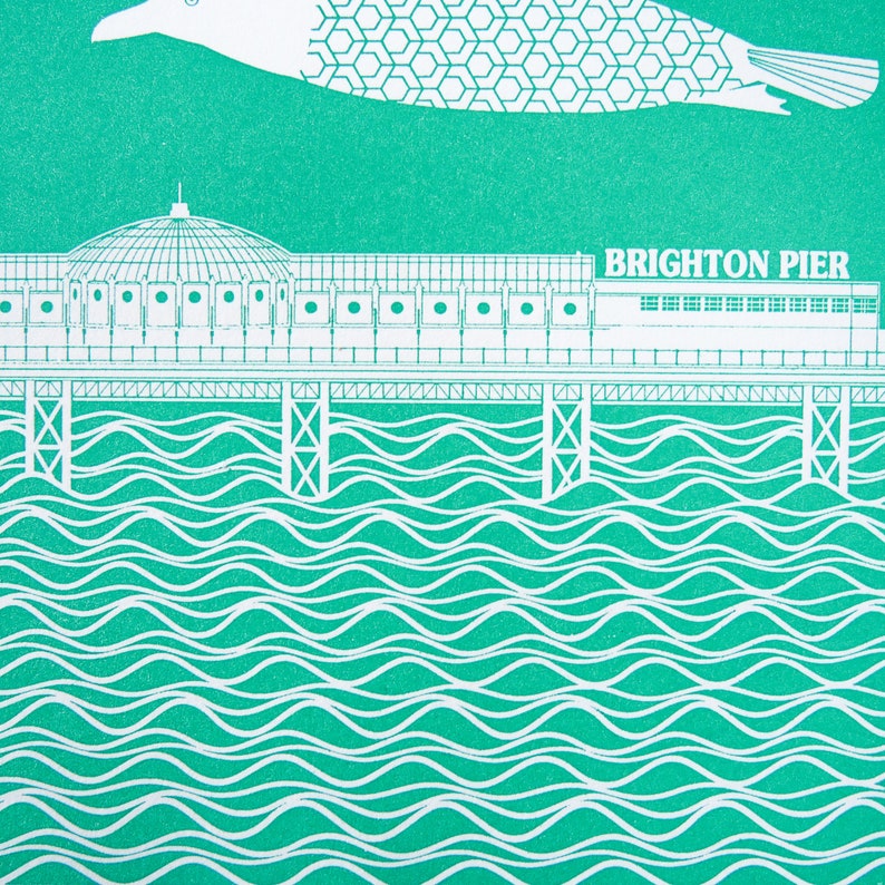 Turquoise Seagulls Flying over Brighton Pier Letterpress Block Print image 8