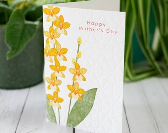 Mother's Day Card Yellow Orchid Flower Plant Hand Embossed