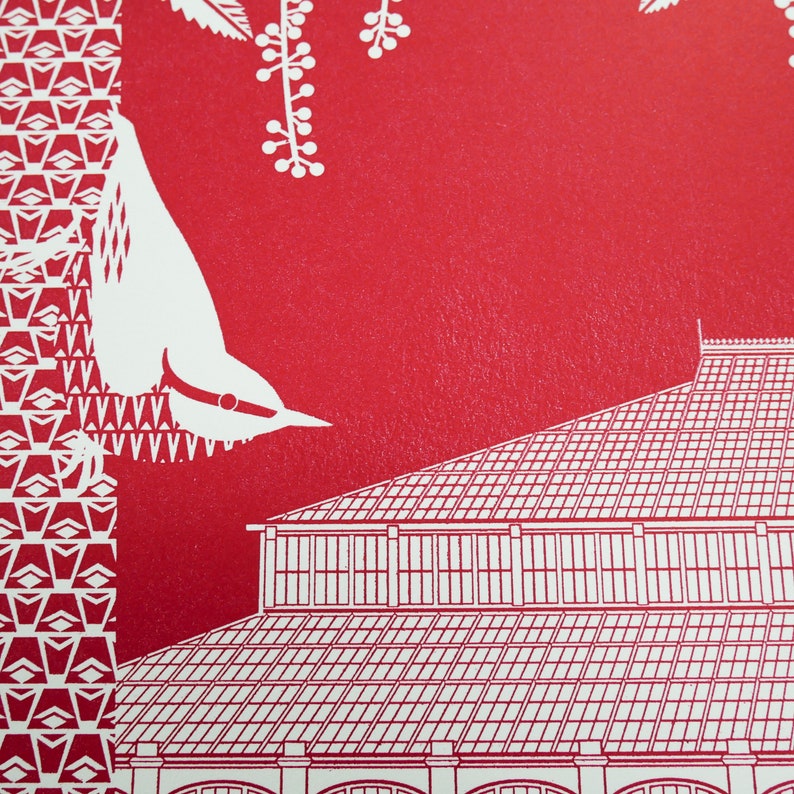 Woodpeckers at Kew Gardens Print Red Letterpress Block Art image 3