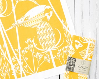 Tea Towel Yellow Screen Printed Goldfinch Design Wall Art Hanger