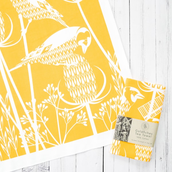 Tea Towel Yellow Screen Printed Goldfinch Design Wall Art Hanger