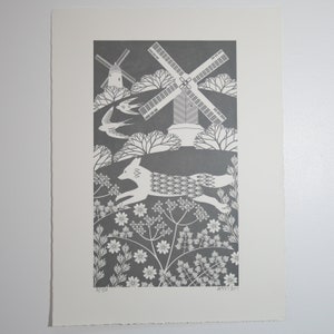 Fox on the Downs Light and Dark Grey Print Letterpress Blockprint Art Dark Grey Print