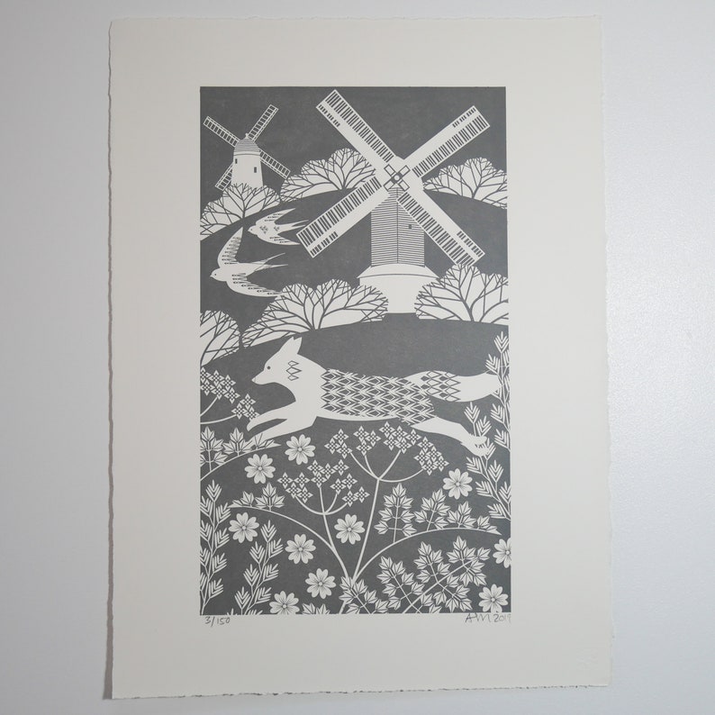 Fox on the Downs Light and Dark Grey Print Letterpress Blockprint Art Dark Grey Print