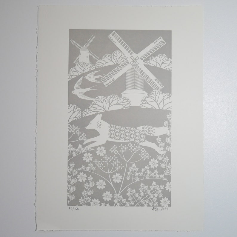 Fox on the Downs Light and Dark Grey Print Letterpress Blockprint Art Light Grey Print
