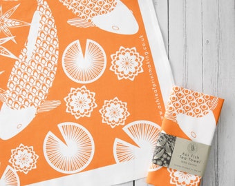 Orange  Tea Towel Screen Printed Koi Fish Wall Art Hanger