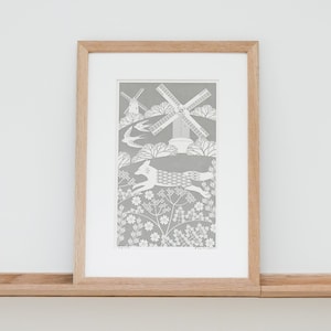 Fox on the Downs Light and Dark Grey Print Letterpress Blockprint Art image 1